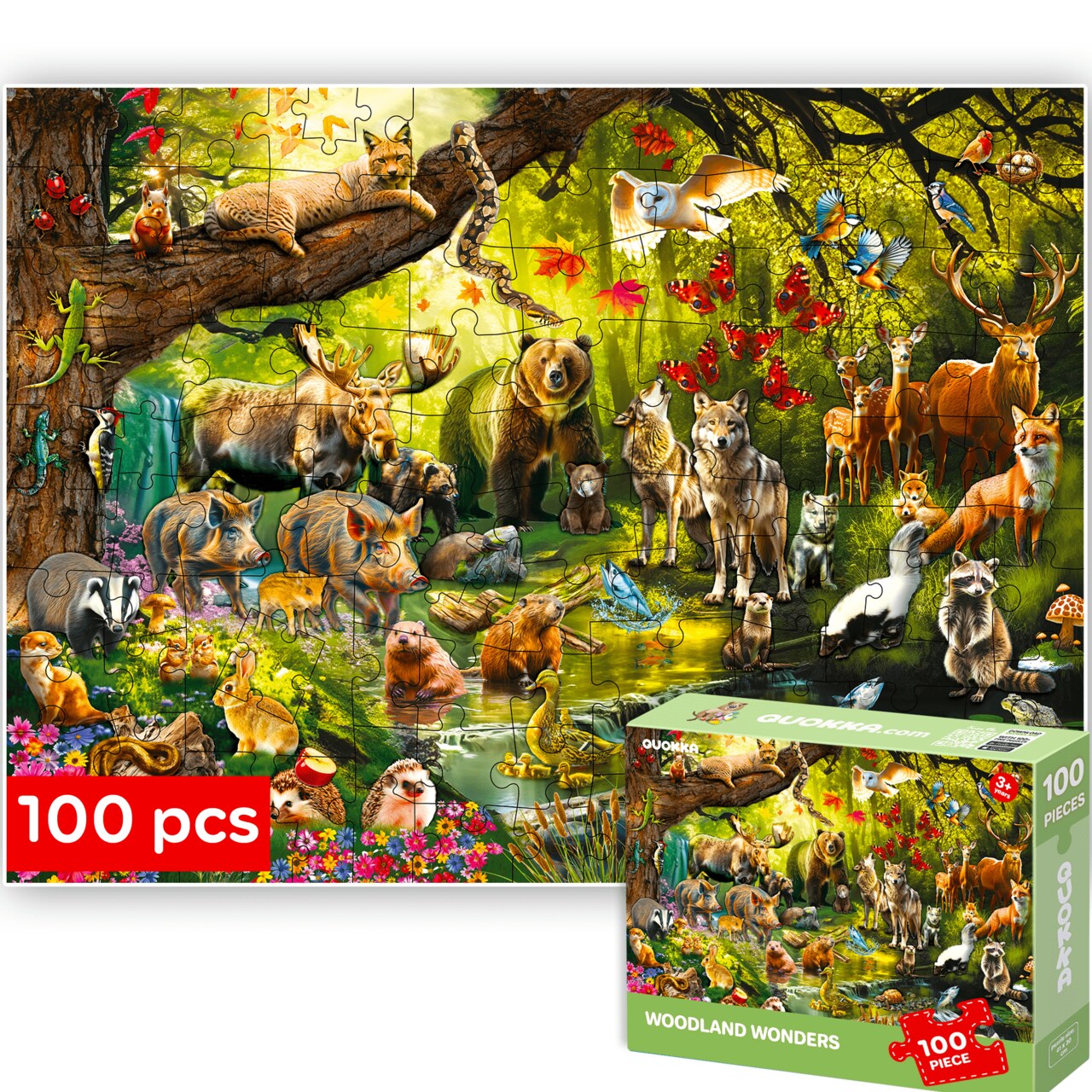 QUOKKA 100 Piece Puzzles for Kids Ages 4-6 – Floor Kids Puzzles Ages 6-8 Year Old – Toy for Learning Forest Animals for 8-10 yo – Jigsaw Toddler Game for Boy and Girl Ages 3-5